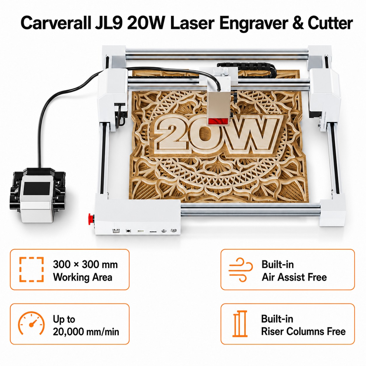 Industrial Laser Cutting Machine - Carverall JL9 20W レーザー彫刻機・カッター、300x300mm デスクトップレーザー彫刻機、デュアルモーター駆動、エアアシスト、0.01mmの精度、3つのフォーカスモード、WiFi/アプリ/LightBurn/CutLabX対応、木材・アクリル・革のDIYや小規模ビジネス向け